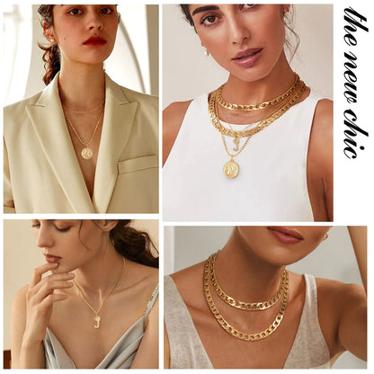 MJartoria Gold Layered Necklaces for Women Trendy Retro Coin Pendant Necklace Dainty Chunky Chain Choker Necklaces for Jewelry Birthday Gifts Crown+Letter J-3PCS
